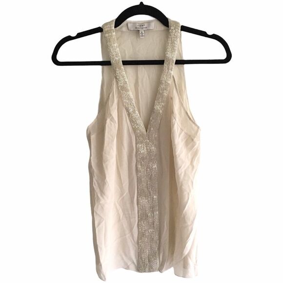 Robert RODRIGUEZ Silk Sleeveless Beaded V-Neck Tank Top Cream 6 - Picture 1 of 7